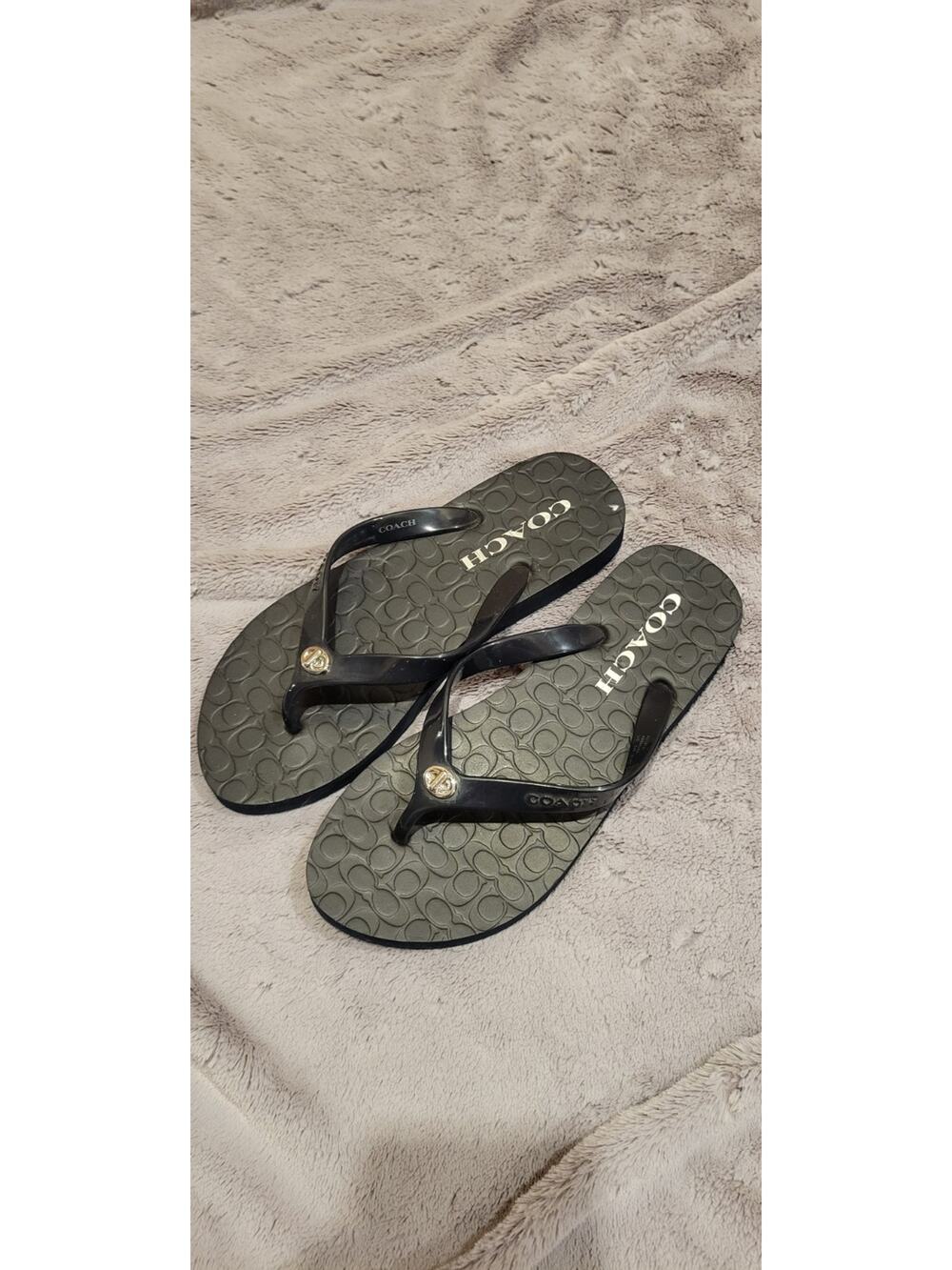COACH Abbigail Jelly Flip Flops Womens 5 Black Logo Thong Sandals EU 35 Summer